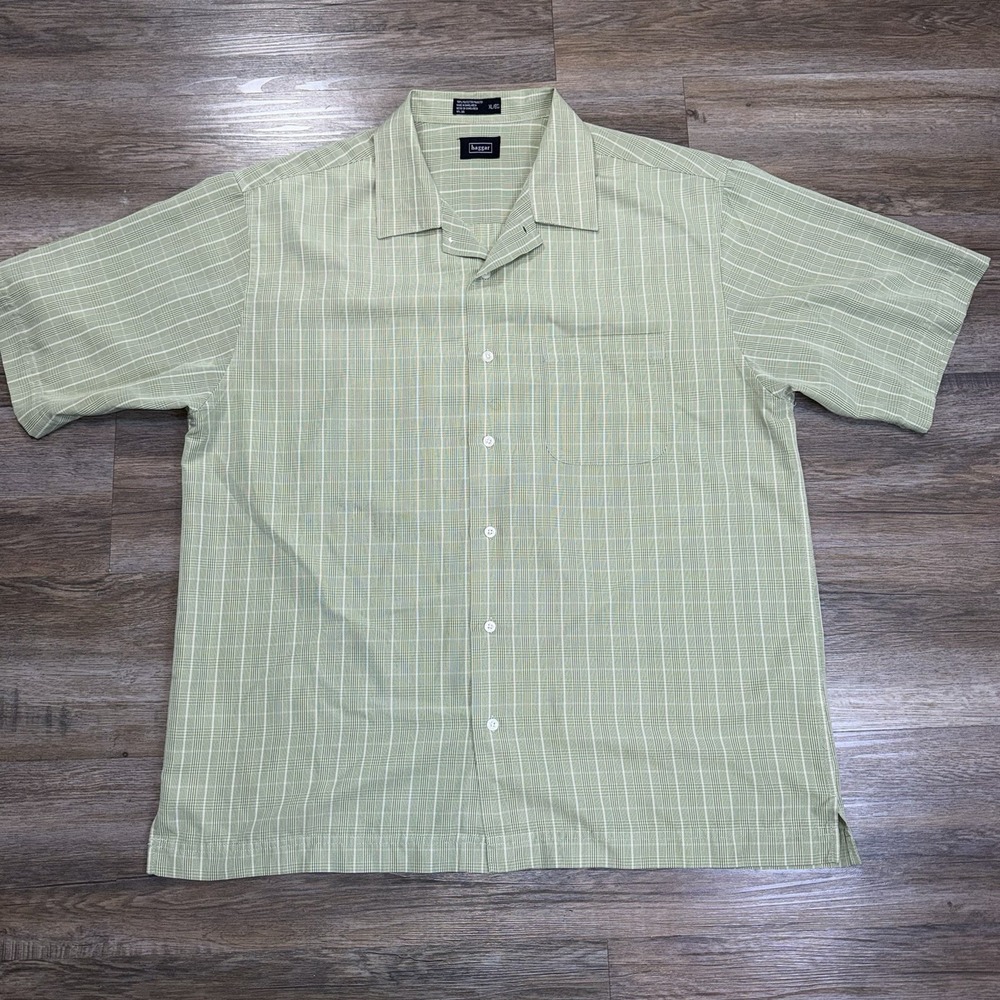 Hagger Green Short-Sleeve Camp Collar Button-Up Shirt Mens XL Subtle Plaid